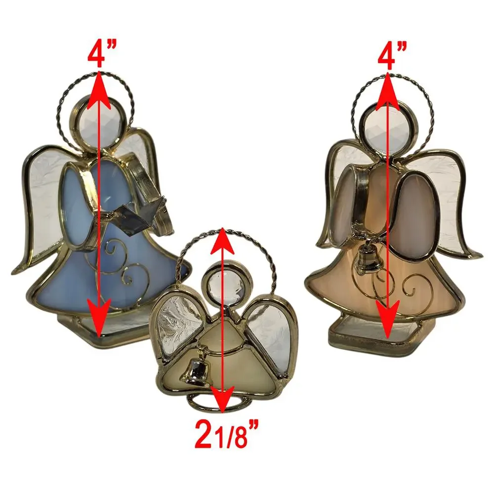 Stained Glass Angel Figurines Trio Brass Trim Christmas Decor Set, Vintage